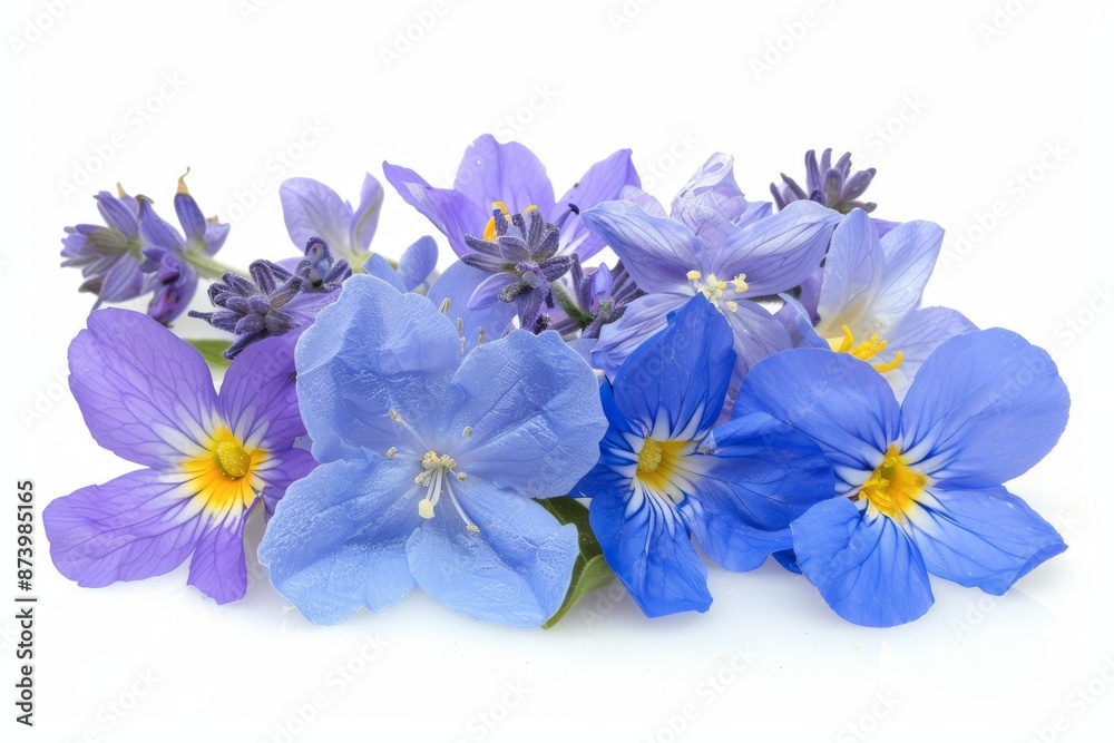 Obraz premium Artistic arrangement of blue and yellow flowers on a white background