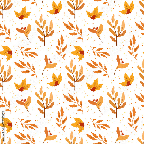 Seamless pattern with autumn leaves and red berries on white background, design for fabric, wallpapers