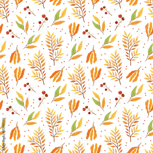 Seamless pattern with autumn leaves and red berries on white background, design for fabric, wallpapers