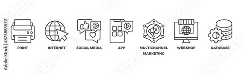 Cross media banner web icon vector illustration concept with icon of print, internet, social media, app, multichannel marketing, webshop and database	