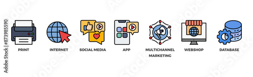 Cross media banner web icon vector illustration concept with icon of print, internet, social media, app, multichannel marketing, webshop and database	