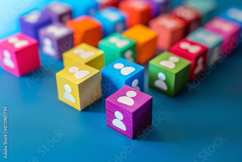 Personnel search. HR. Business development. Colored wooden cubes depicting human icons.