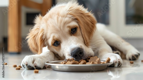 Adorable puppy eating kibble from a bowl on the floor, exhibiting a cute and hungry look with food scattered around. photo