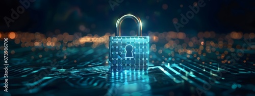 Digital padlock for computing system on dark blue background, cyber security technology for fraud prevention and privacy data network protection concept