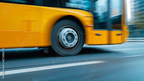 Wallpaper Mural Yellow bus on a city street, dynamic shot with motion blur, focusing on the rolling wheels and intricate details of the tires and axles, urban commute Torontodigital.ca