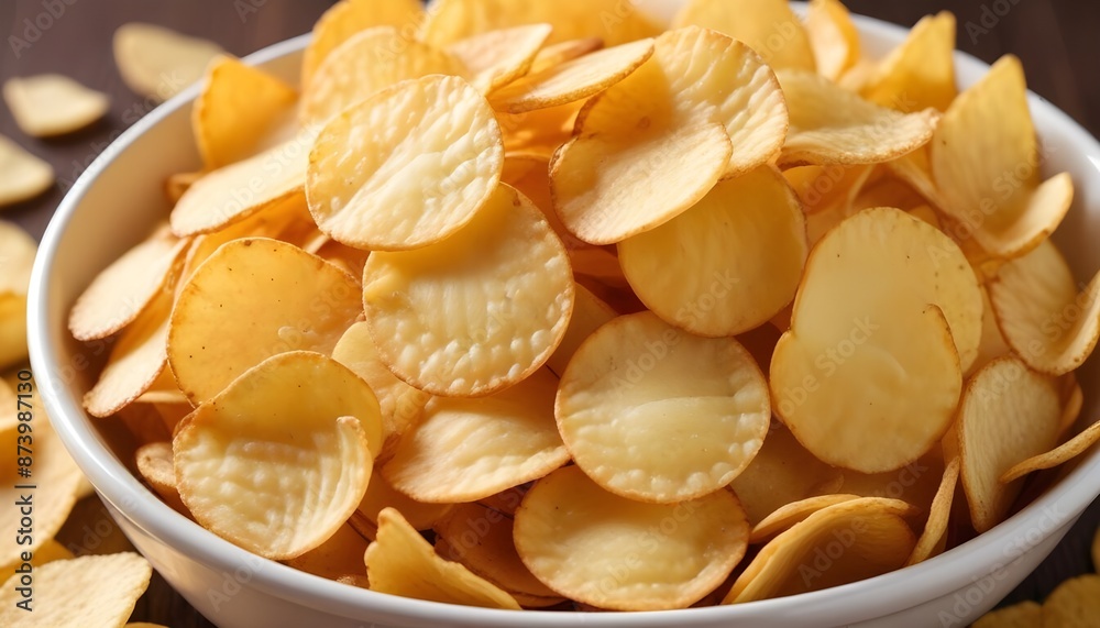 A bowl filled with various isolated potato chips or crisps, including round and wavy shapes, in shades of golden yellow with a wood table background A bowl filled with various isolated potato chips or crisps, including round and wavy shapes, in shades of golden yellow with a wood table background