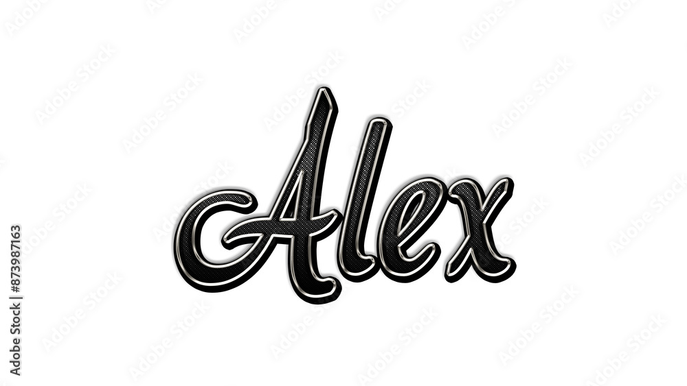 black metal 3d design of name Alex on white background.