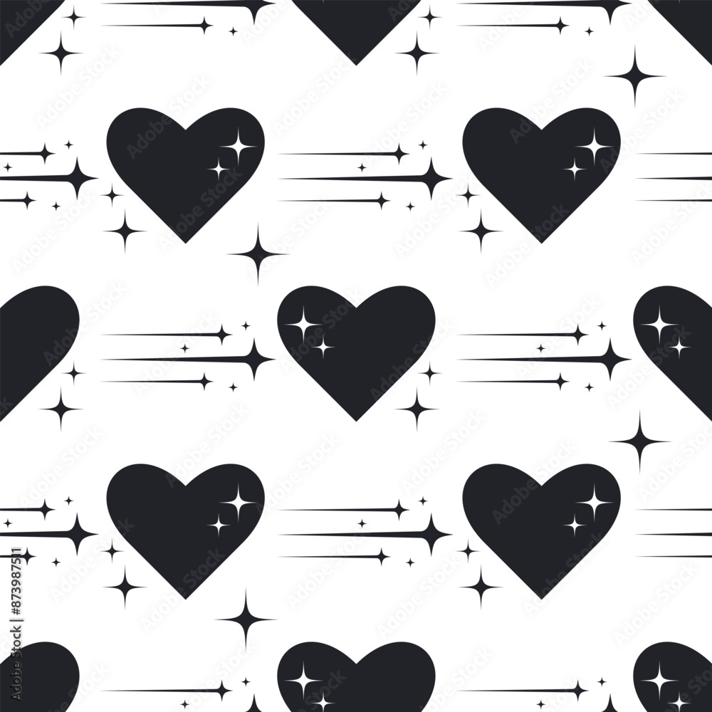 Seamless vector pattern in black and white colors with y2k hearts and ...
