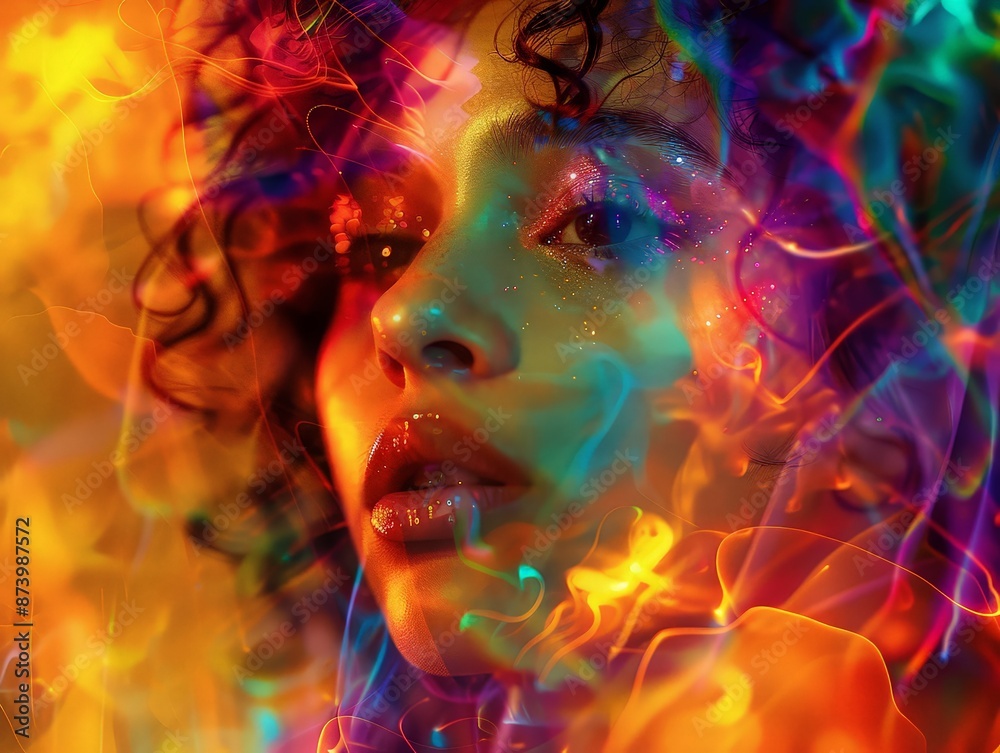 artistically inclined person posing with a colorful, abstract digital background. artistically inclined person posing with a colorful, abstract digital background.