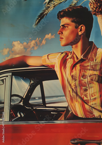 Retro 1960's pin up vintage style postcard of cool young man, with a directed gaze in beach style shirt and red car behind him. High quality illustration