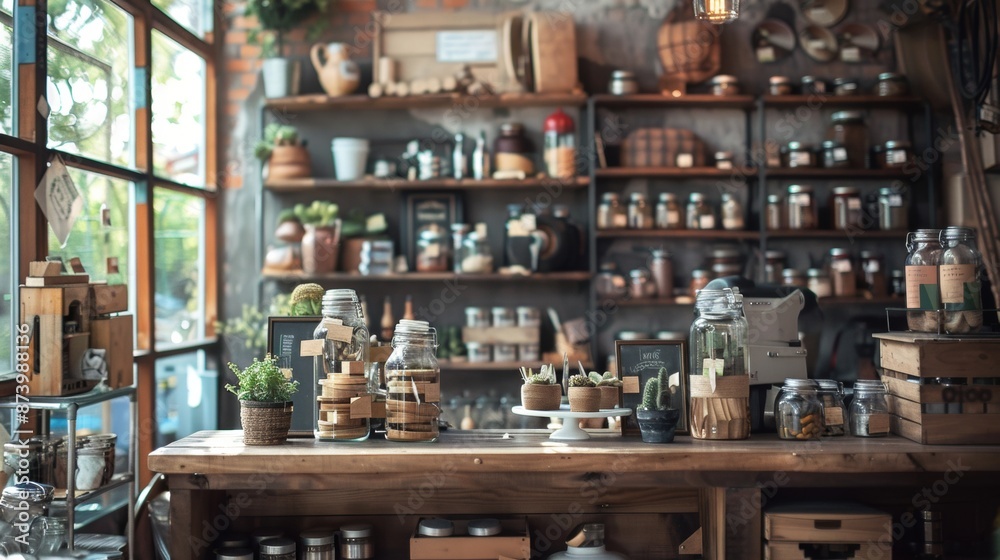 Rustic shop interior with wooden shelves and various jars