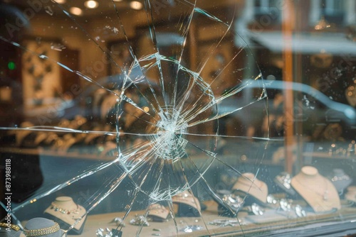 Shattered window in an elegant jewelry boutique, presenting a high quality image capture photo