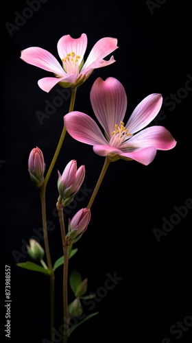 Two pink flowers are shown against a black background.