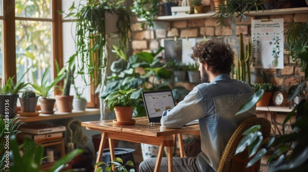 Modern home office setup by plants and cozy decor Modern home office setup by plants and cozy decor