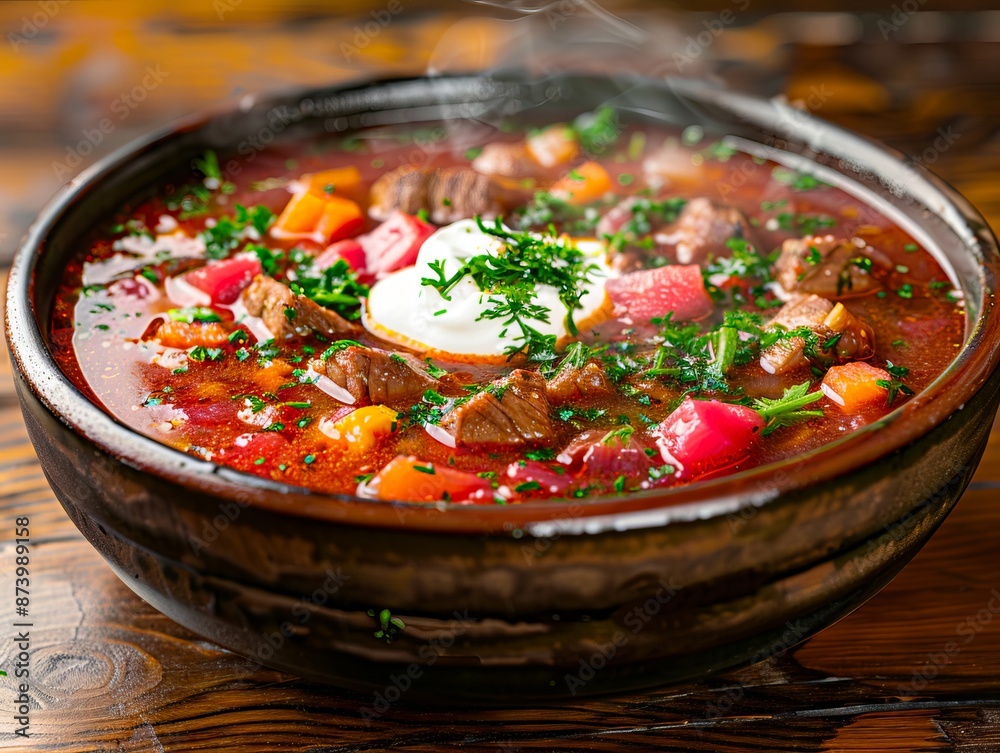 A bowl of soup with meat and vegetables. A bowl of soup with meat and vegetables.