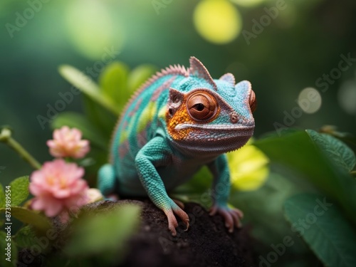 cute Kawaii tiny chameleon on branch