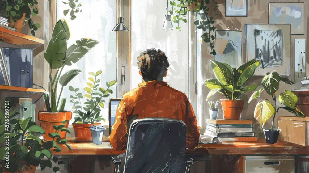 Modern home office setup by plants and cozy decor Modern home office setup by plants and cozy decor