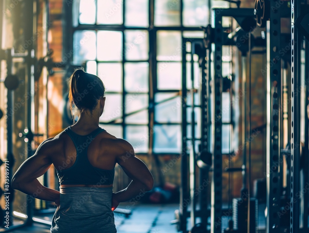 A woman in a gym looking at the sun. A woman in a gym looking at the sun.