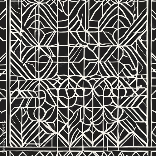 Fabric pattern design featuring geometric patterns. It uses straight lines and neatly arranged shapes with sharp details to create a standout effect. Hand-drawn (not AI-generated).
