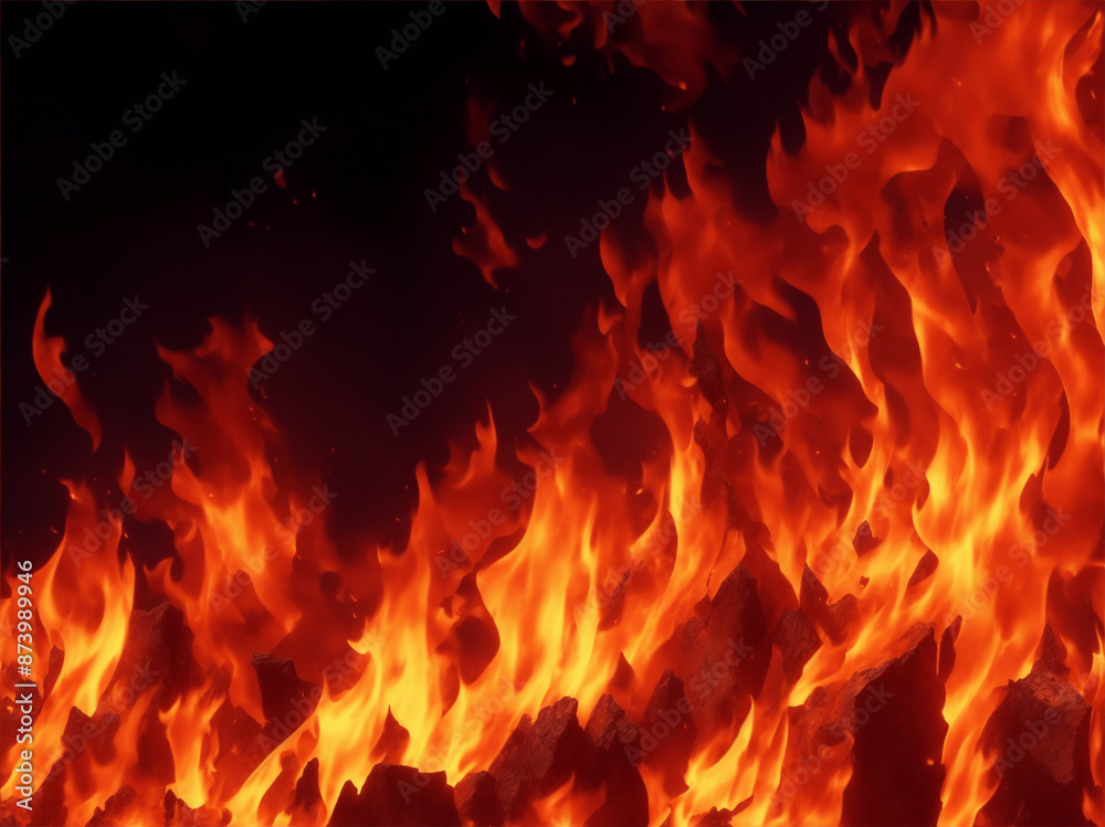 Fire flames on black background. Raging bonfire flames with wood sticks and sparks with horizontal repetition at night. Wood burning flames at night Fire flames on black background. Raging bonfire flames with wood sticks and sparks with horizontal repetition at night. Wood burning flames at night