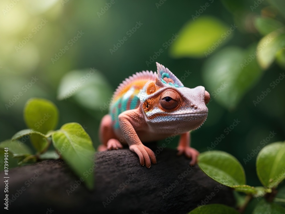 cute Kawaii tiny chameleon on branch cute Kawaii tiny chameleon on branch