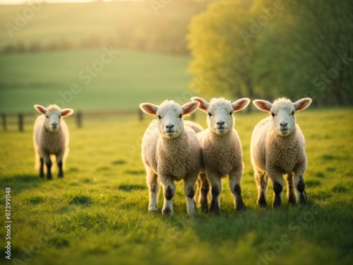 cute little lambs on fresh spring green meadow during morning