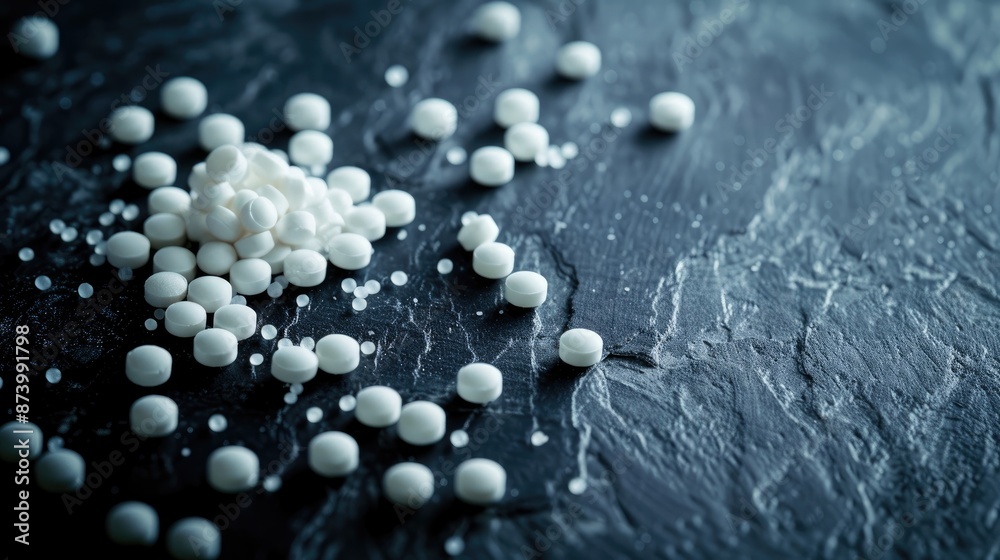 White homeopathic pills on a dark surface with empty space White homeopathic pills on a dark surface with empty space