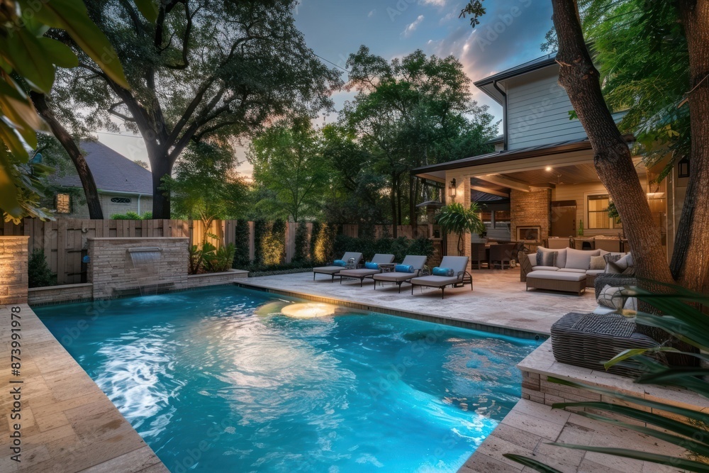 Fototapeta premium Luxurious backyard oasis architecture furniture building.