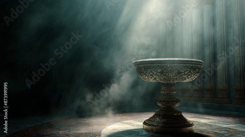 giant empty ornate pedestal, spotlight from above, dark, ambient, cinematic, unreal, halation photo