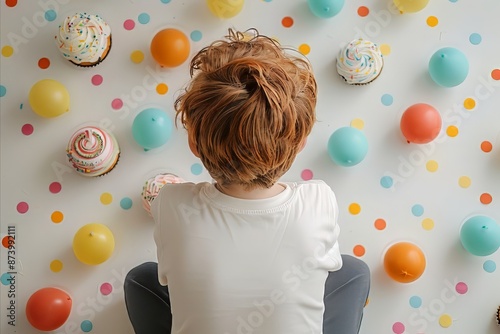Small Boy Sits among Colorful Balloons and Cupcakes photo
