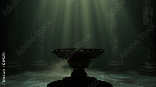 giant empty ornate pedestal, spotlight from above, dark, ambient, cinematic, unreal, halation photo