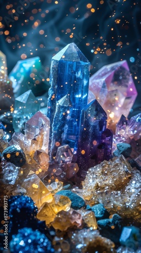 Colorful Crystals Cluster In Dramatic Light. Healing Gemstones, Energy Therapy, New Age. Vertical
