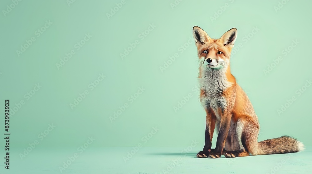 Fototapeta premium A majestic red fox sits on a green background, looking off to the side with curiosity and grace.