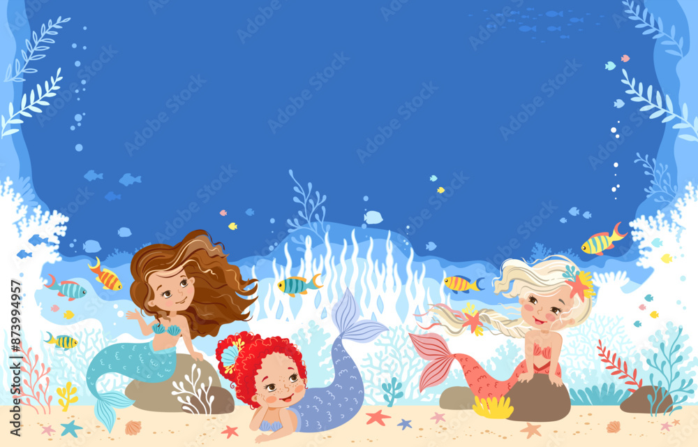 Hand drawn vector illustration of a cute mermaids in the underwater world. Background for children. Underwater sea life of coral reef Hand drawn vector illustration of a cute mermaids in the underwater world. Background for children. Underwater sea life of coral reef