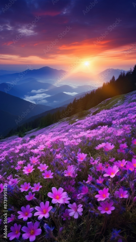 Obraz premium Meadow of spring flowers sun landscape mountain.