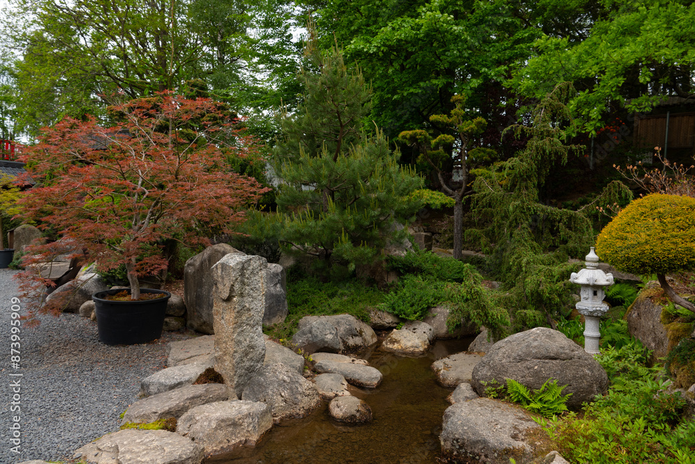 japanese garden with scenic stones and lush foliage japanese garden with scenic stones and lush foliage
