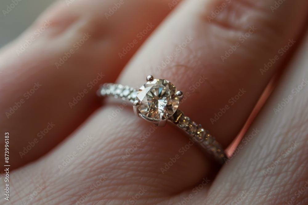Macro shot of a sparkling diamond ring on a finger, showcasing love and commitment Macro shot of a sparkling diamond ring on a finger, showcasing love and commitment