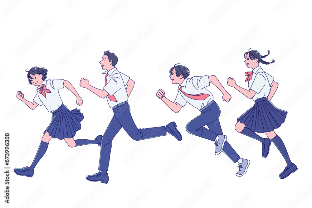 笑顔で走り出す男女の学生 笑顔で走り出す男女の学生