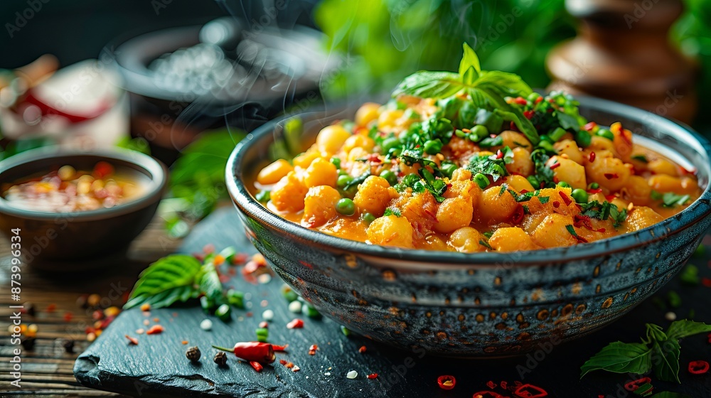 A bowl of food with spices and herbs. A bowl of food with spices and herbs.
