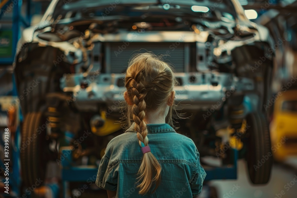 Rear view of female mechanic examining a car engine in a workshop Rear view of female mechanic examining a car engine in a workshop