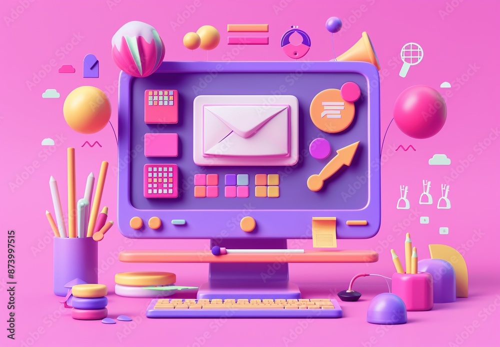 Computer with colorful 3D elements and email icon on screen Computer with colorful 3D elements and email icon on screen