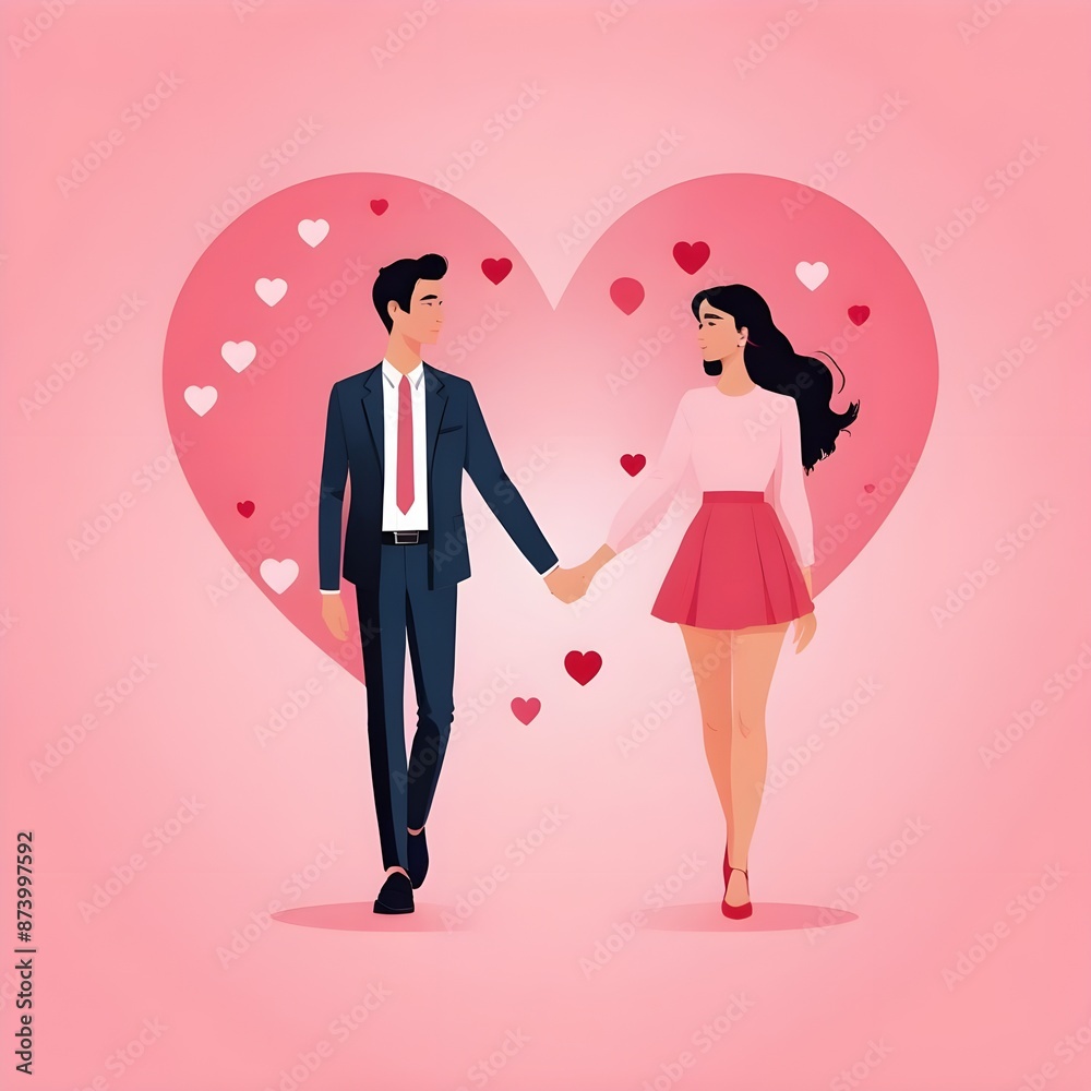 man and a woman holding hands on a pink background with hearts, love, couple man and a woman holding hands on a pink background with hearts, love, couple