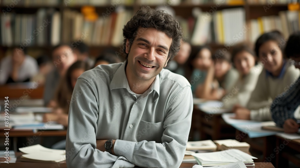 Smiling Male Teacher Engaging Students in Study Hall at Institute Smiling Male Teacher Engaging Students in Study Hall at Institute