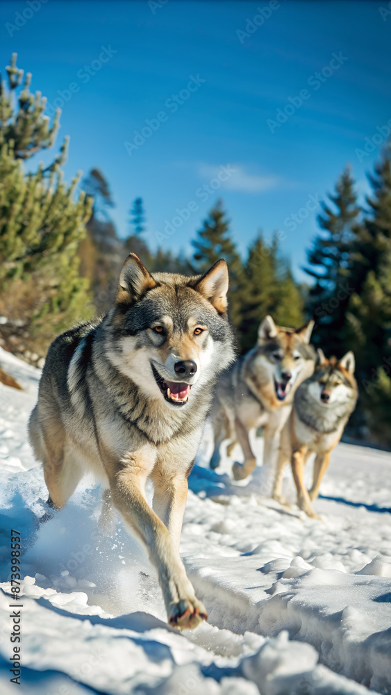 a wolf pack running through a snowy forest a wolf pack running through a snowy forest
