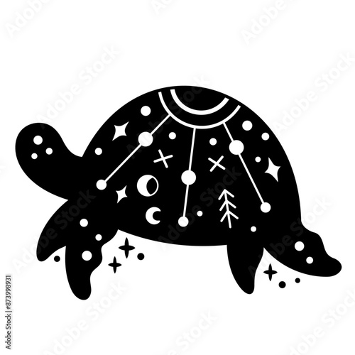 Black and white ocean animal. Boho turtle clipart in flat style. Celestial Sea animal clipart. Hand drawn vector illustration