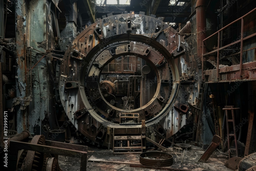 Fototapeta premium Exploring the eerie and mysterious interior of an abandoned industrial facility with rusted machinery, decaying factory equipment, and dilapidated steel structures