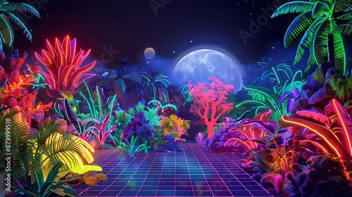 Vibrant neon jungle scene at night with glowing plants and a full moon, featuring a digital grid path. 