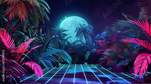 Vibrant neon jungle scene at night with glowing plants and a full moon, featuring a digital grid path. 