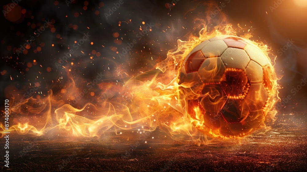 Fototapeta premium Soccer ball flying on fire isolated on transparent background