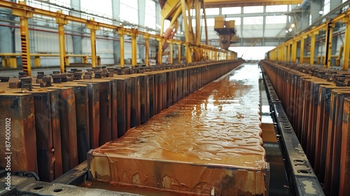 Copper Cathode in Electrolytic Refining Tank. Copper cathode in an electrolytic refining tank, highlighting the process of electrorefining in the production of high-purity copper.